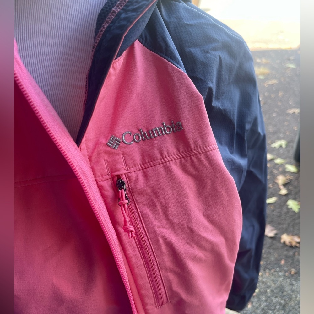 Columbia Softshell Jacket Women Medium Pink Blue Lightweight Hooded Full Zip - Picture 2 of 5